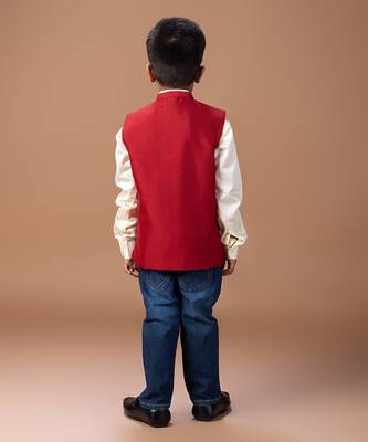 Maroon embroidered cotton blend nehru jacket set 3