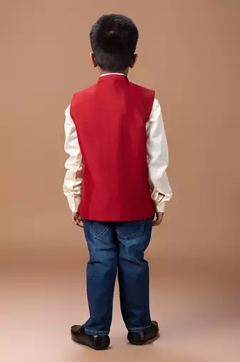 Maroon embroidered cotton blend nehru jacket set