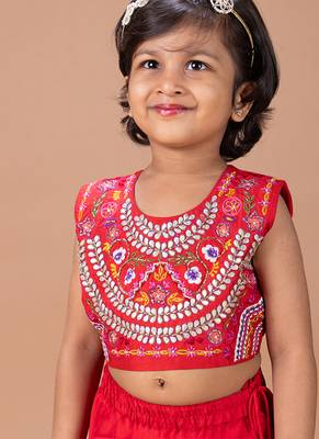 Red embroidered cotton silk lehenga set 2