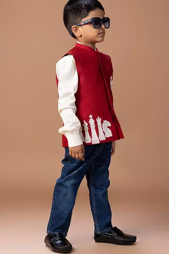 Maroon embroidered cotton blend nehru jacket set