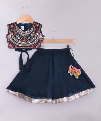Dark blue embroidered cotton silk lehenga set 1