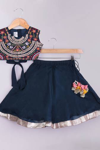 Dark blue embroidered cotton silk lehenga set