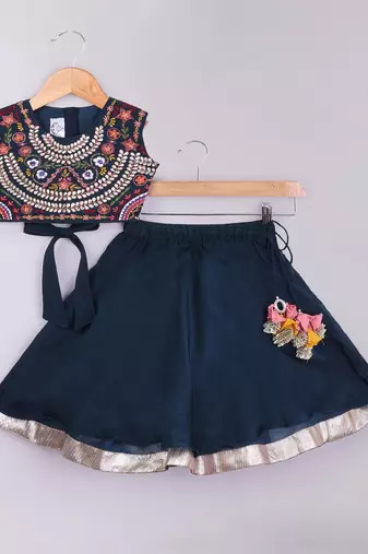 Dark blue embroidered cotton silk lehenga set