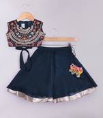 Dark blue embroidered cotton silk lehenga set