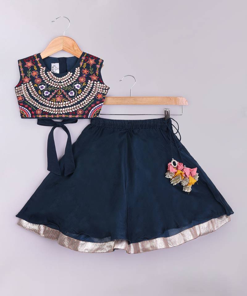 Dark blue embroidered cotton silk lehenga set