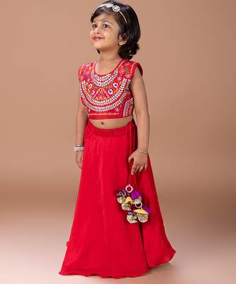 Red embroidered cotton silk lehenga set 3