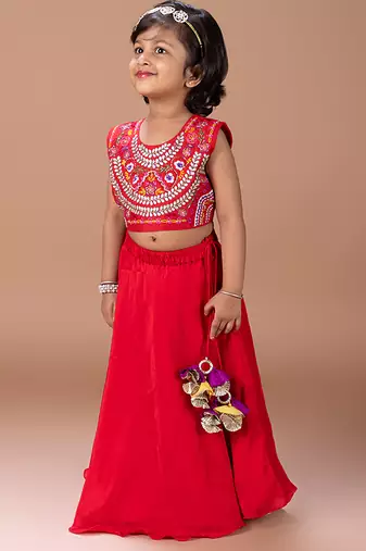 Red embroidered cotton silk lehenga set