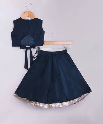 Dark blue embroidered cotton silk lehenga set 2
