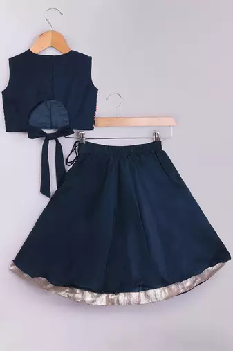 Dark blue embroidered cotton silk lehenga set