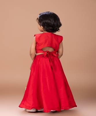 Red embroidered cotton silk lehenga set 4