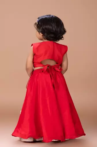 Red embroidered cotton silk lehenga set
