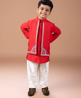 Red embroidered cotton blend kurta jacket set 1