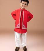 Red embroidered cotton blend kurta jacket set