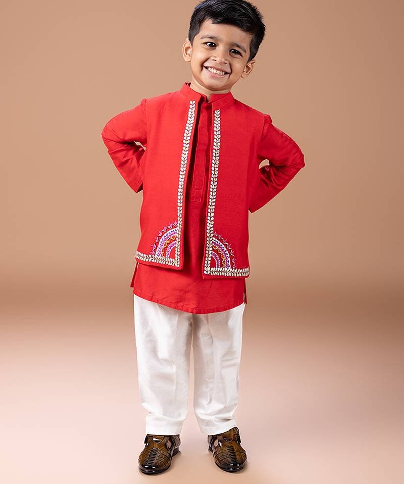 Red embroidered cotton blend kurta jacket set