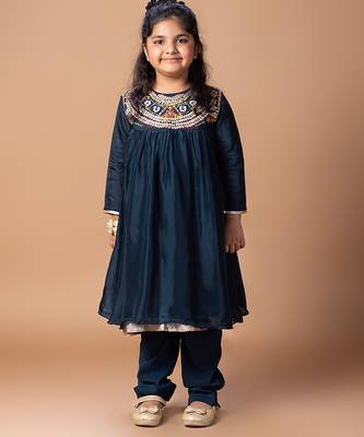 Dark blue embroidered cotton silk kurti set 1