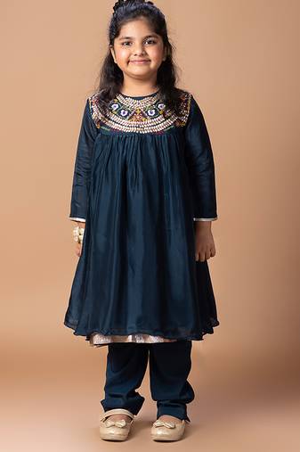 Dark blue embroidered cotton silk kurti set