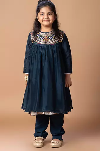 Dark blue embroidered cotton silk kurti set