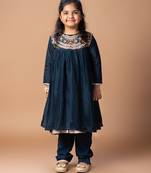 Dark blue embroidered cotton silk kurti set