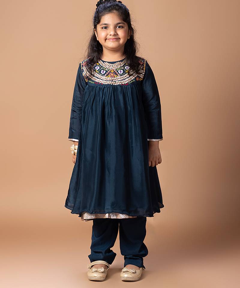 Dark blue embroidered cotton silk kurti set