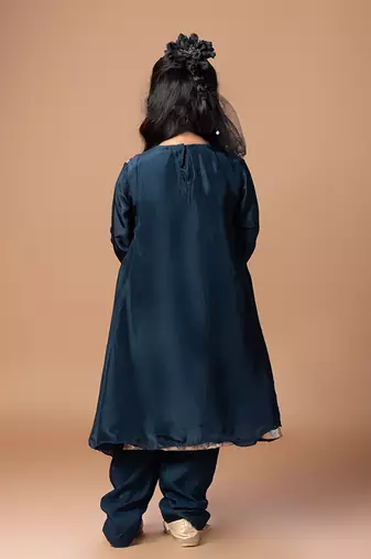 Dark blue embroidered cotton silk kurti set