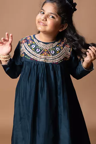 Dark blue embroidered cotton silk kurti set
