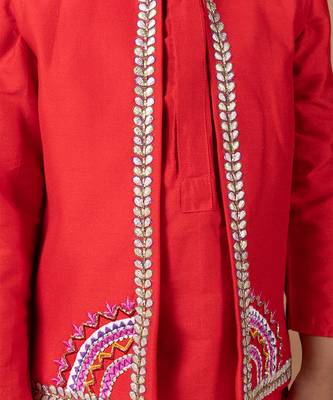 Red embroidered cotton blend kurta jacket set 3