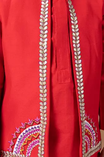 Red embroidered cotton blend kurta jacket set