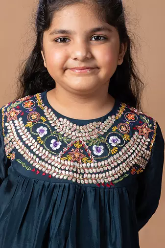 Dark blue embroidered cotton silk kurti set