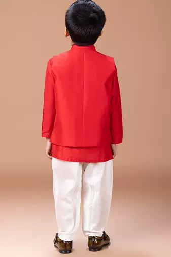 Red embroidered cotton blend kurta jacket set