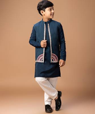Dark blue embroidered cotton silk kurta jacket set 1