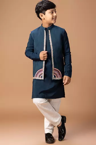 Dark blue embroidered cotton silk kurta jacket set