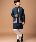 Dark blue embroidered cotton silk kurta jacket set