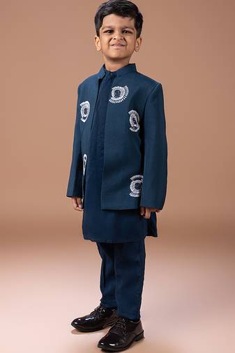 Dark blue embroidered cotton blend indo western set