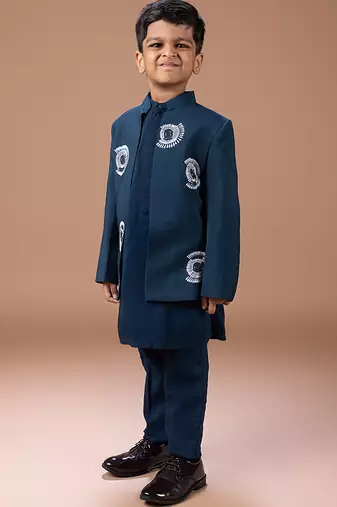 Dark blue embroidered cotton blend indo western set