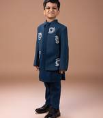 Dark blue embroidered cotton blend indo western set