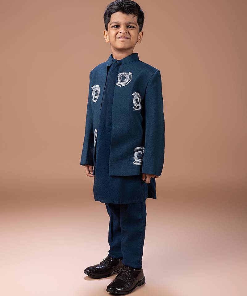 Dark blue embroidered cotton blend indo western set
