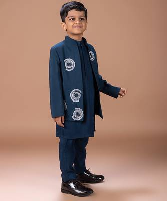 Dark blue embroidered cotton blend indo western set 2