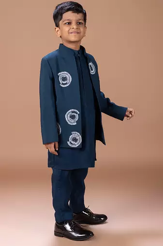 Dark blue embroidered cotton blend indo western set