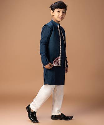 Dark blue embroidered cotton silk kurta jacket set 2