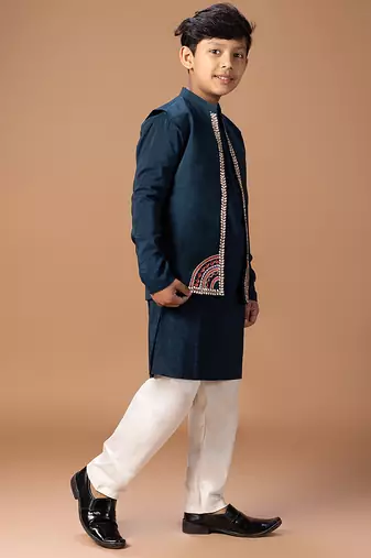 Dark blue embroidered cotton silk kurta jacket set