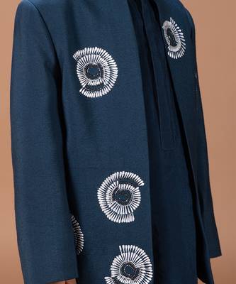 Dark blue embroidered cotton blend indo western set 3