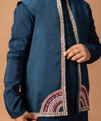 Dark blue embroidered cotton silk kurta jacket set 3
