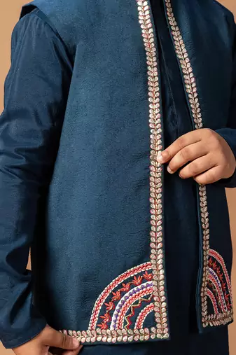 Dark blue embroidered cotton silk kurta jacket set