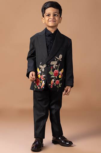 Black rose embroidered cotton blend tuxedo set