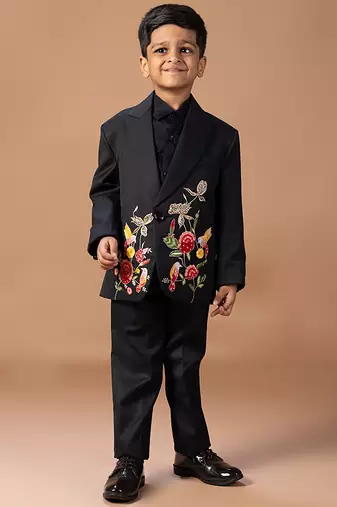 Black rose embroidered cotton blend tuxedo set