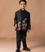 Black rose embroidered cotton blend tuxedo set