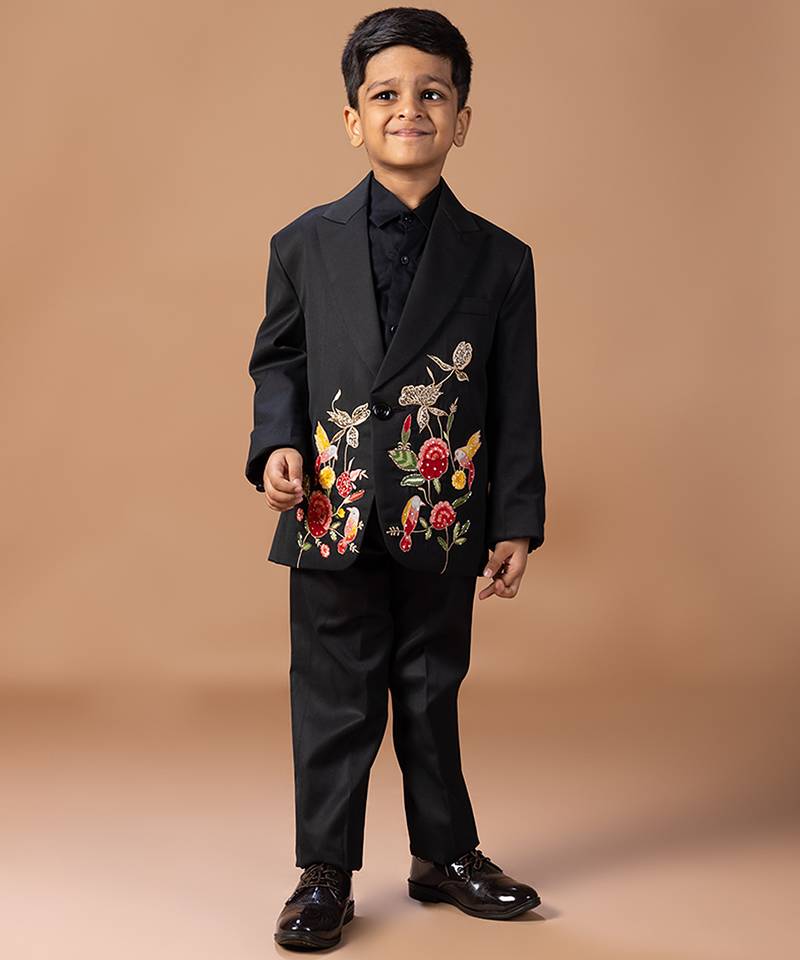 Black rose embroidered cotton blend tuxedo set