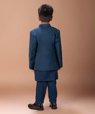 Dark blue embroidered cotton blend indo western set 4