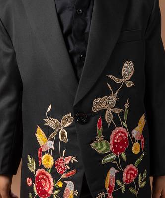 Black rose embroidered cotton blend tuxedo set 2