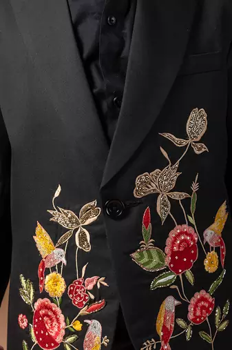 Black rose embroidered cotton blend tuxedo set